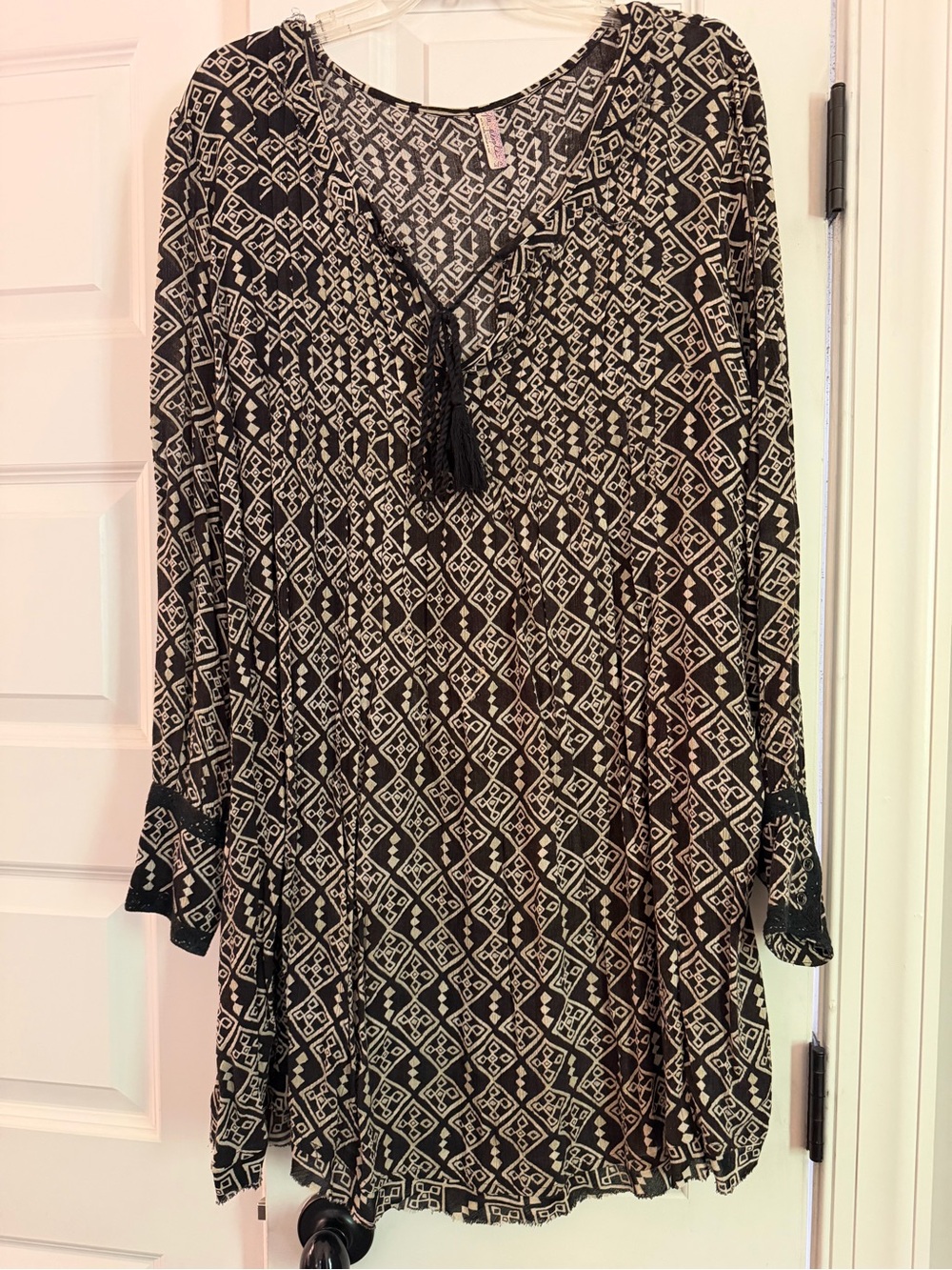 Free People Black and Cream Printed Long Sleeve Tunic Dress